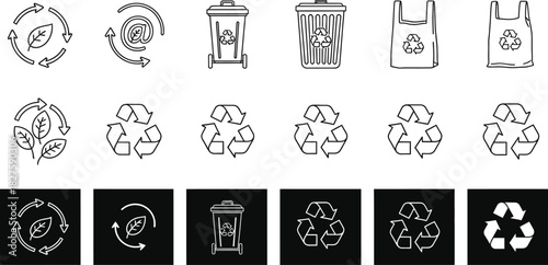 Hand drawn recycling and waste management icon set in black and white