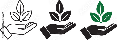 Nature & sustainability icon set; eco hand with leaves. Symbol for natural ingredients, organic farming, environmental care, or green product branding.