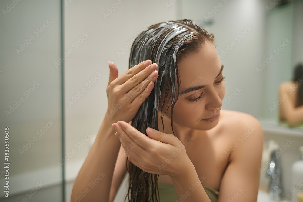 Naklejka premium Young woman applying nourishing hair conditioner, beauty treatment, healthy hair routine, self-care, bathroom, wellness, natural beauty, moisturizing, relaxed moment, close-up.