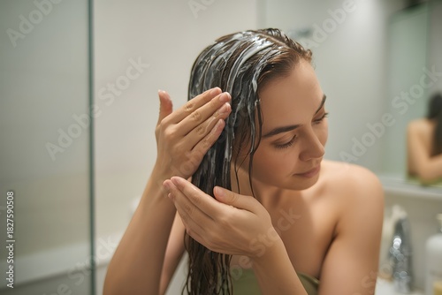 Young woman applying nourishing hair conditioner, beauty treatment, healthy hair routine, self-care, bathroom, wellness, natural beauty, moisturizing, relaxed moment, close-up.