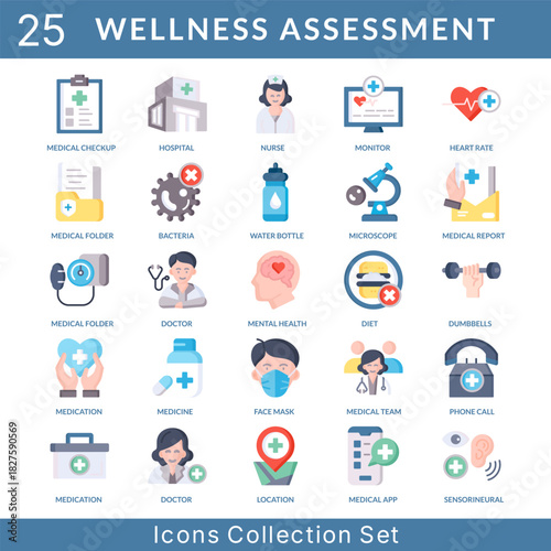 Wellness Assessment icon set collection in flat style. an icon pack contain bacteria, water bottle, microscope, medical report, doctor, mental health, diet, dumbbells, medication, medicine