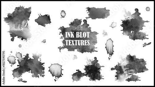 Set of black ink blot, splatter and drip textures isolated on white background.
