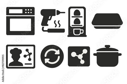Futuristic Kitchen Icons. Solid style icons of futuristic dry kitchen: touch panel oven, laser dehydration tool, vacuum capsule