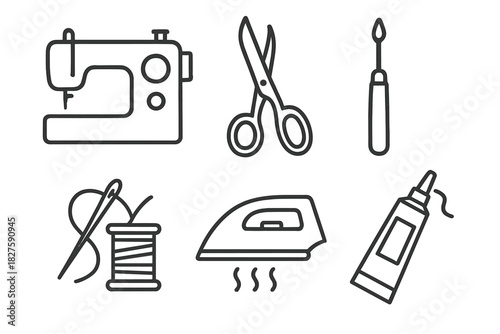 Upcycling Tools Icons. Line style icons of tools for upcycling: sewing machine outline, fabric scissors, seam ripper icon, thread