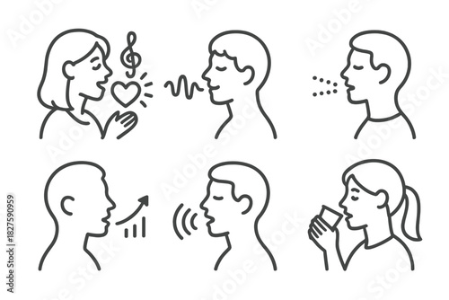 Voice Expression Icons. Line style icons of voice and vocal expression: singing for healing icon, humming soundwave, vocal
