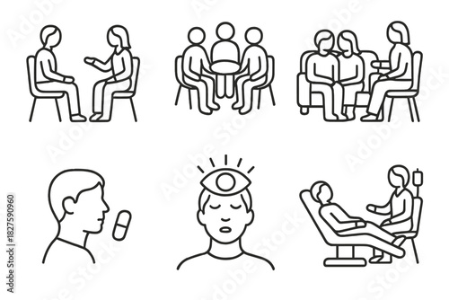 Psychedelic Therapy Icons. Line style icons of types of psychedelic therapy sessions: solo with guide, group therapy circle,