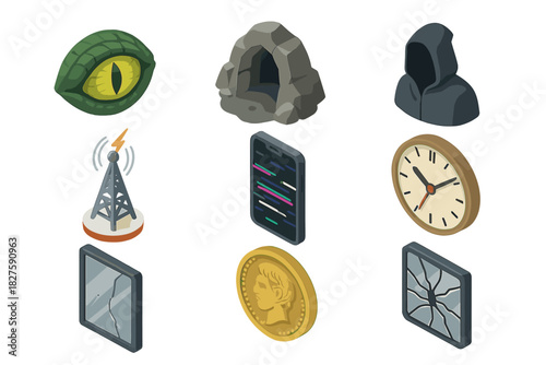 Urban Legends Icons. Isometric vector illustration set of Urban legends: reptilian eye, mysterious cave entrance, hooded figure