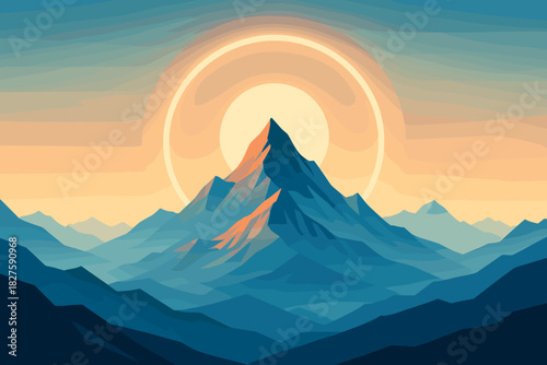 Majestic Mountain Sunrise. Majestic mountain range with a circular sun halo glowing above the vector illustration peaks, expansive