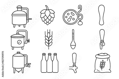 Microbrewery Equipment Icons. Line style icons of Microbrewery Equipment: Mash Tun, Hops, Yeast Culture, Fermentation Lock;