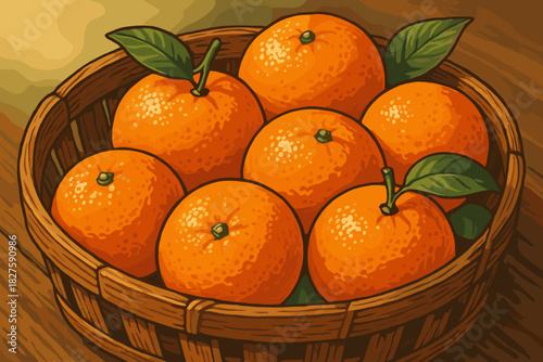 Fresh Oranges Display. Close-up of freshly picked oranges arranged on a rustic wooden basket, illuminated by soft natural light,