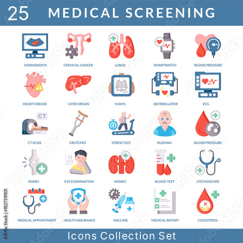 Medical Screening icon set collection in flat style. an icon pack contain lungs, smartwatch, blood pressure, heart disease, liver organ, x rays, defribillator, ecg, ct scan, crutches