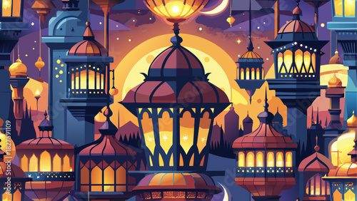Illustration of a city with many lanterns and domes at night with a yellow moon background