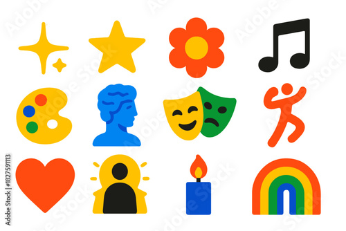 Aesthetic Experience Icons. Flat vector icons of Aesthetic Experience: spark, star, flower, music note, painting palette,