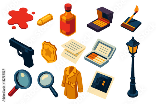 Noir Detective Icons. Isometric vector illustration set Noir Investigation: red bloodstain, loose bullet casing, whiskey glass