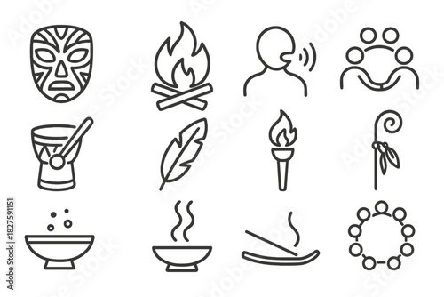 Spiritual Ritual Icons. Line style icons of Spiritual Ritual: Ceremonial Mask, Fire, Chant, Community Circle; Drum, Feather, Torch
