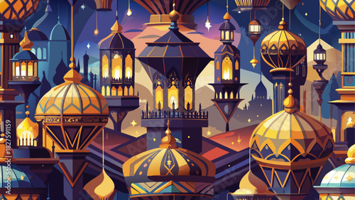 Illustration of a cityscape with domes, lanterns, and architectural details in warm and cool colors