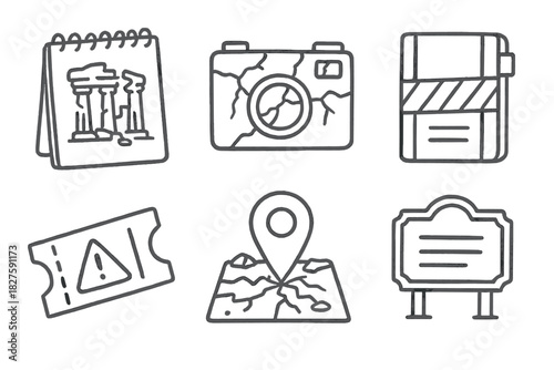 Tourism Ruins Icons. Line style icons of documentation and tourism: sketchbook drawing ruins, photo camera with cracked background