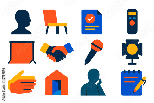 Ethical Interview Icons. Flat vector icons of ethical interview techniques: interviewer silhouette, subject chair, consent form,