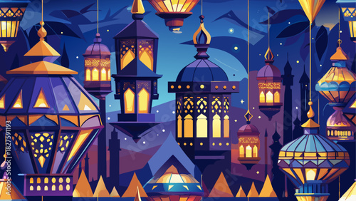 Illustration of multiple ornate lanterns hanging in a dark blue and purple night scene setting