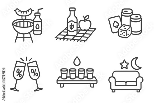 Non-Alcoholic Social Icons. Line style icons of social scenarios: non-alcoholic drink at barbecue, brew bottle at picnic, game