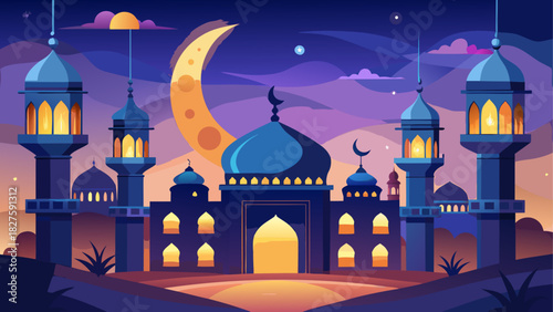 Illustration of a mosque at night with a crescent moon and stars in a blue and purple sky scene