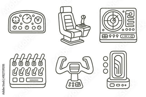 Retro-Futuristic Cockpit Icons. Line style icons of retro-futuristic vehicles interiors: cockpit with dials and knobs, joystick