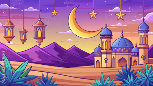 Illustration of a mosque with crescent moon stars and lanterns in a desert landscape at dusk time scene