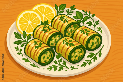 Gourmet Zucchini Rolls. Gourmet plate of zucchini rolls garnished with herbs and lemon slices, vibrant and inviting tones, ideal