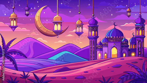 Illustration of a mosque at dusk with crescent moon and hanging lanterns in purple and pink hues