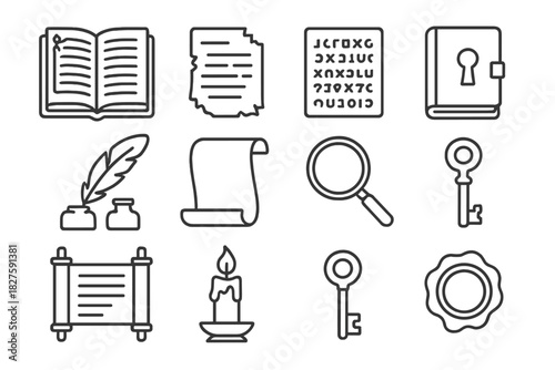 Secret Chronicles Icons. Line style icons of Secret Chronicles: Illuminated Manuscript, Torn Pages, Ciphered Text, Concealed