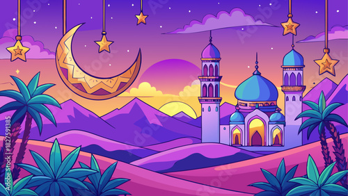 Cartoon landscape with crescent moon stars mosque and palm trees in a purple and orange color scheme