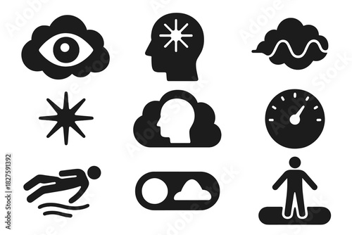Lucid Dreaming Icons. Solid style icons of lucidity enhancement: open eye in dream cloud, clear mind symbol, lucid sleep wave.