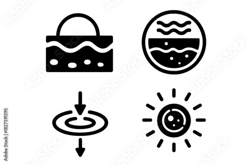 Plasma Therapy Diagram. Solid style icons of plasma tissue interaction: skin cross-section with arc, plasma layers penetrating
