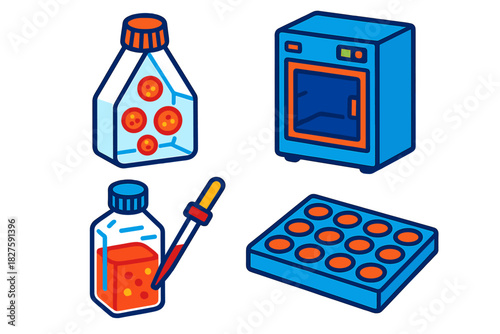 Cell Culture Essentials. Isometric vector illustration set Cell Culture Essentials: Flask with growing cells, CO₂ incubator unit,