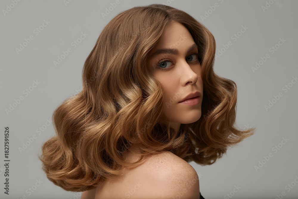 Naklejka premium Beautiful young woman with luxurious wavy blonde hair, looking back, elegant studio portrait. Perfect for beauty, hair care, fashion, natural glow, alluring eyes, serene look, healthy skin