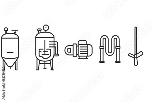Industrial Fermentation Icons. Line style icons of industrial fermentation equipment: stainless fermentation tank, large