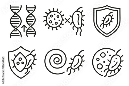 Host-Parasite Dynamics Icons. Line style icons of Host-Parasite Arms Race: evolving DNA strands, immune cell vs parasite,