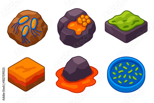 Geomicrobiology Icons. Isometric vector illustration set Geomicrobiology: microbes on rock surfaces, mineral precipitation,