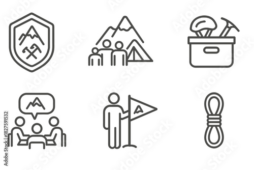 Mountaineering Club Icons. Line style icons of mountaineering clubs and communities: club patch symbol, group photo at basecamp,