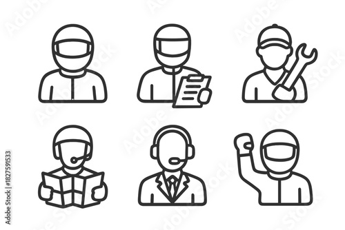 Rally Team Icons. Line style icons of rally team roles: driver icon, co-driver with notes, mechanic with wrench, navigator with