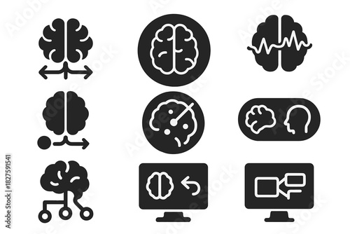 Decision-Making Icons. Solid style icons of decision-making and the brain: brain with forked path, prefrontal cortex focus icon,