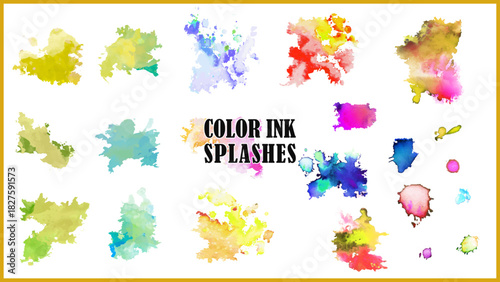 Colorful watercolor paint splashes and ink stains vector collection on white background.

