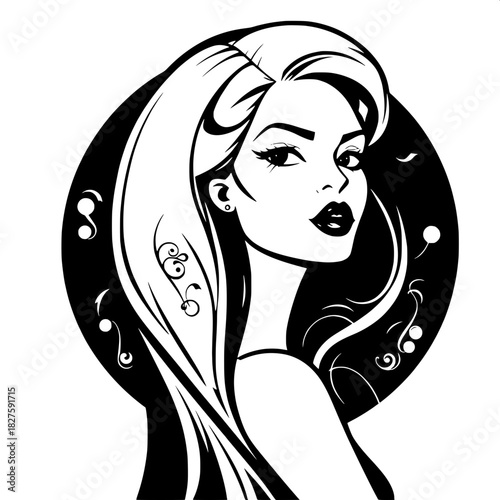 A stark, simplified black-and-white portrait with art-deco influences, featuring a woman with long, flowing sweeping hair that cascades down her back, and a confident, alluring expression on her face,