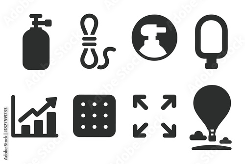 Balloon Inflation Icons. Solid style icons of balloon inflation stages: gas cylinder glyph, tether rope icon, nozzle badge. Lift