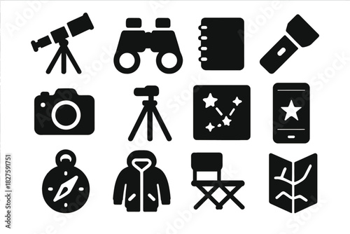 Amateur Astronomy Essentials. Solid style icons of Amateur Astronomy: Telescope, Binoculars, Notebook, Red Flashlight, Camera,