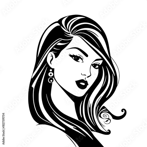 A stark, simplified black-and-white portrait with art-deco influences, featuring a woman with long, flowing sweeping hair that cascades down her back, and a confident, alluring expression on her face,