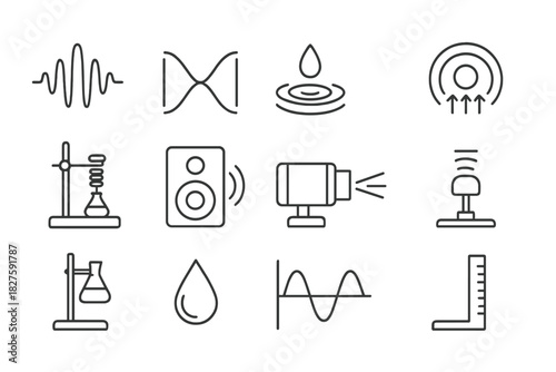 Wave Phenomena Icons. Line style icons of Wave Phenomena: Sound Wave, Standing Wave, Floating Droplet, Anti-Gravity Field;
