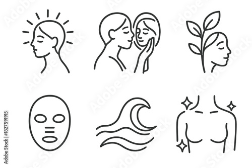 Beauty Icons Line Art. Line style icons of beauty identity expression: face outline with sunburst, self-love mirror moment,