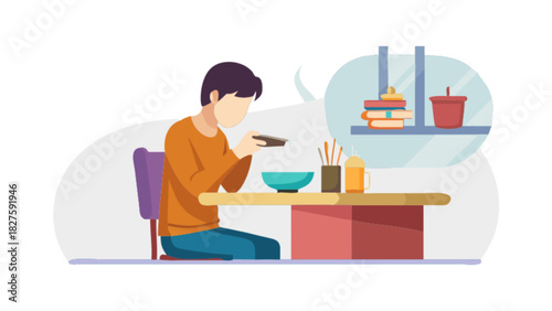 Illustration of person taking photo of food at table with books and drink on shelf in background
