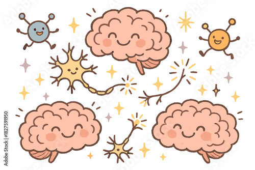 Joyful Brain Activity. Magical doodle cognitive enhancement study with smiling brains, cartoon stimulant molecules bouncing,